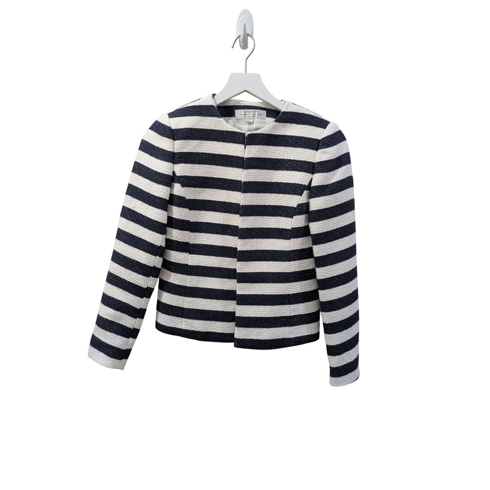 Tahari Arthur S. Levine Petite Stripe Tweed Blazer Navy White‎ 0P 6185P091